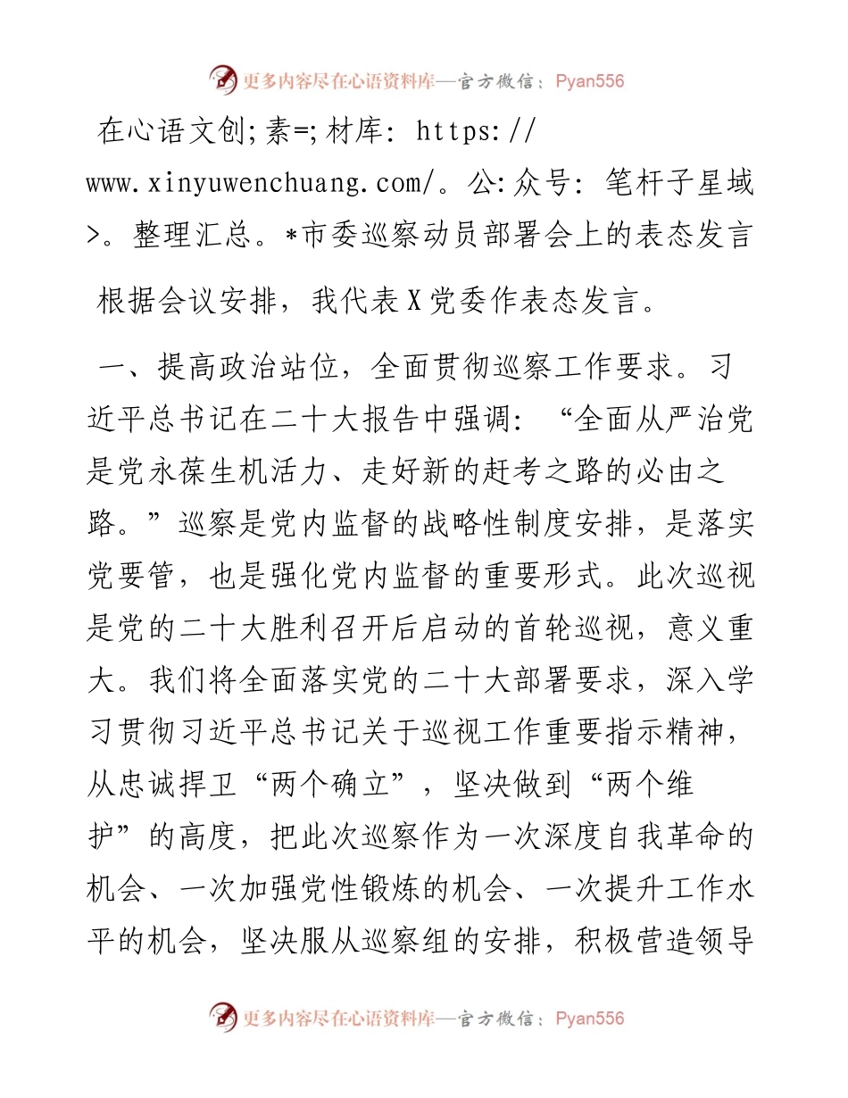 在市委巡察动员部署会上的表态发言.docx_第1页