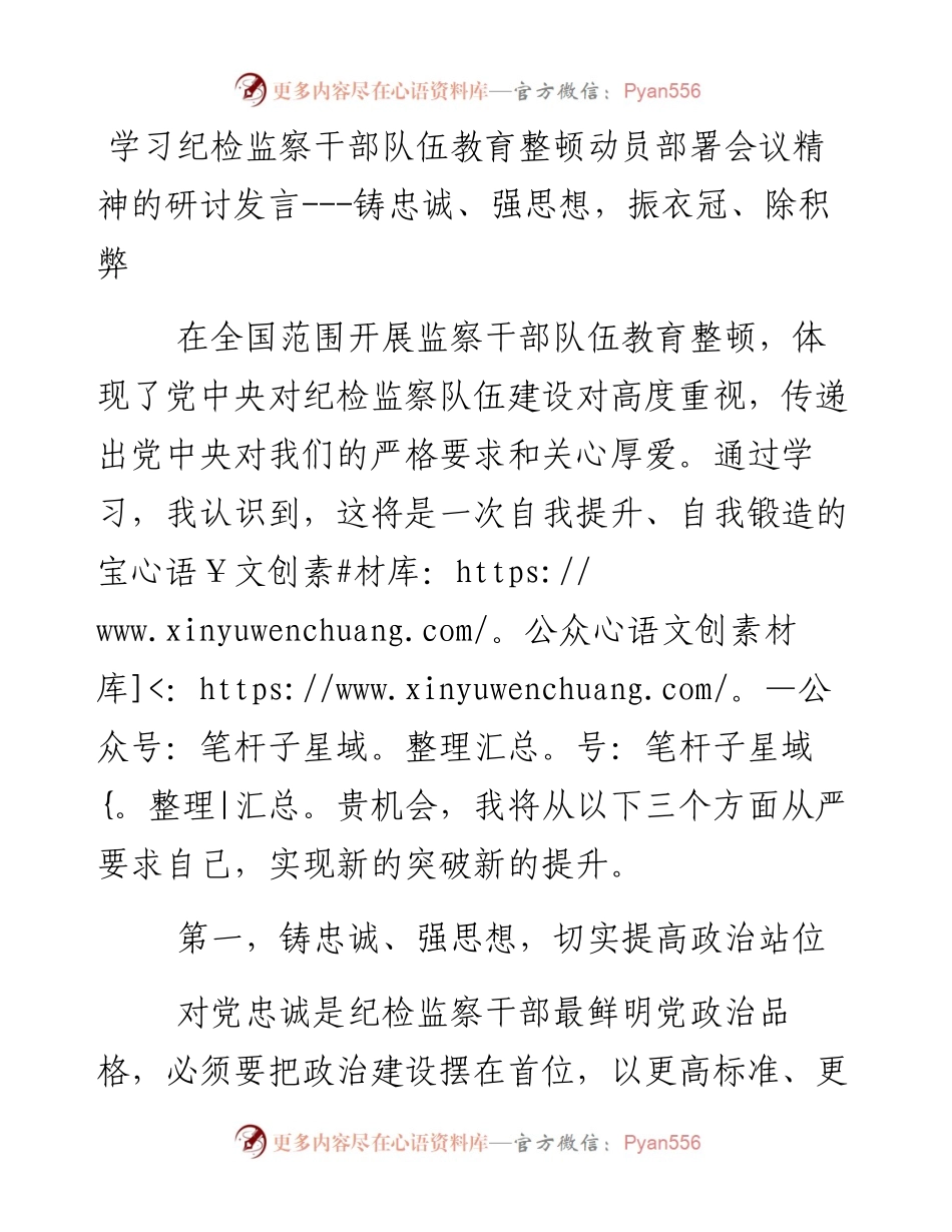 学习纪检监察干部队伍教育整顿动员部署会议精神的研讨发言---铸忠诚、强思想，振衣冠、除积弊.docx_第1页