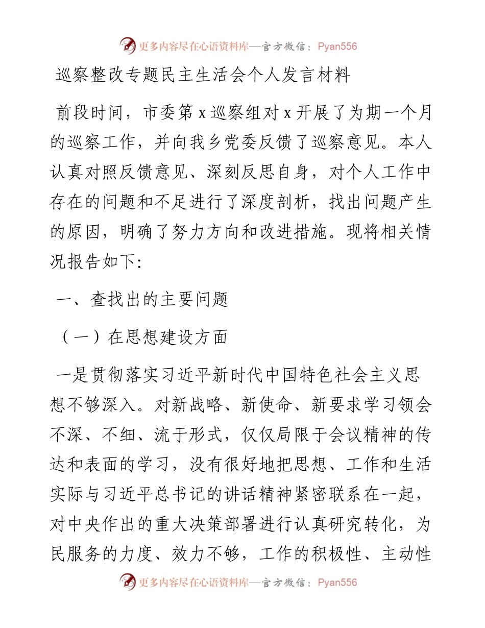 巡察整改专题民主生活会发言材料（巡察整改对照检查，个人对照检查材料，个人检视剖析）.docx_第1页