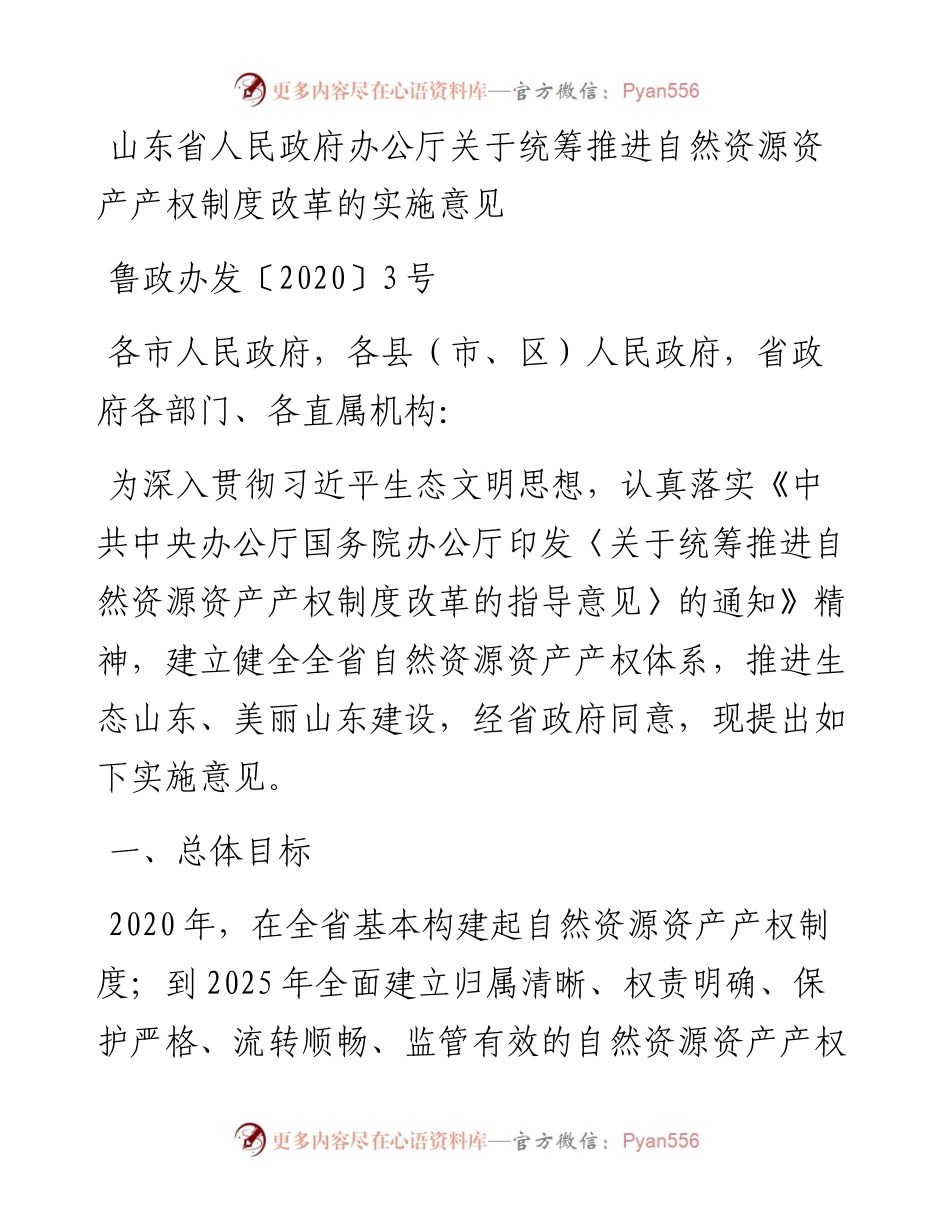 山东省人民政府办公厅关于统筹推进自然资源资产产权制度改革的实施意见.docx_第1页