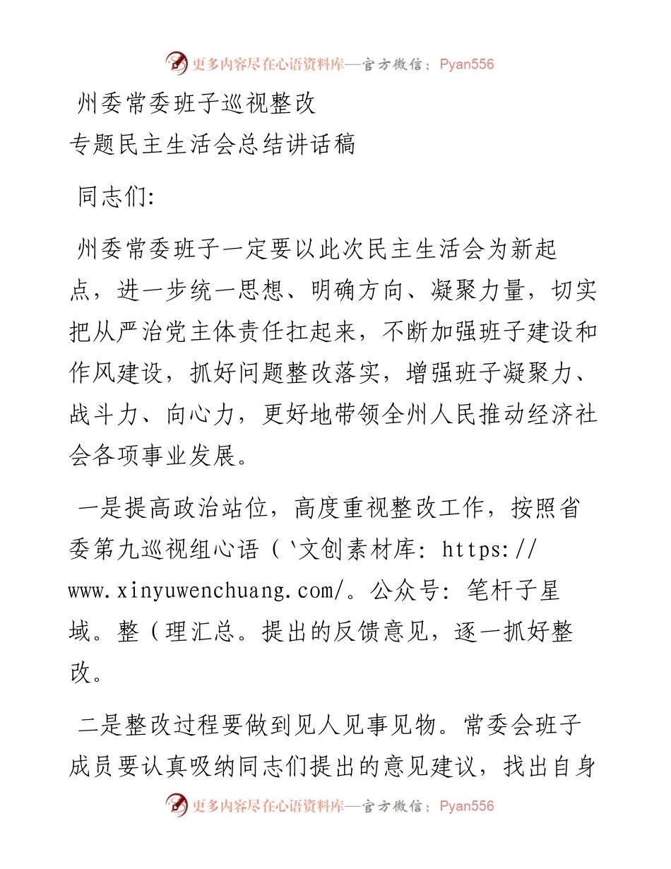 州委常委班子巡视整改专题民主生活会总结讲话稿.docx_第1页