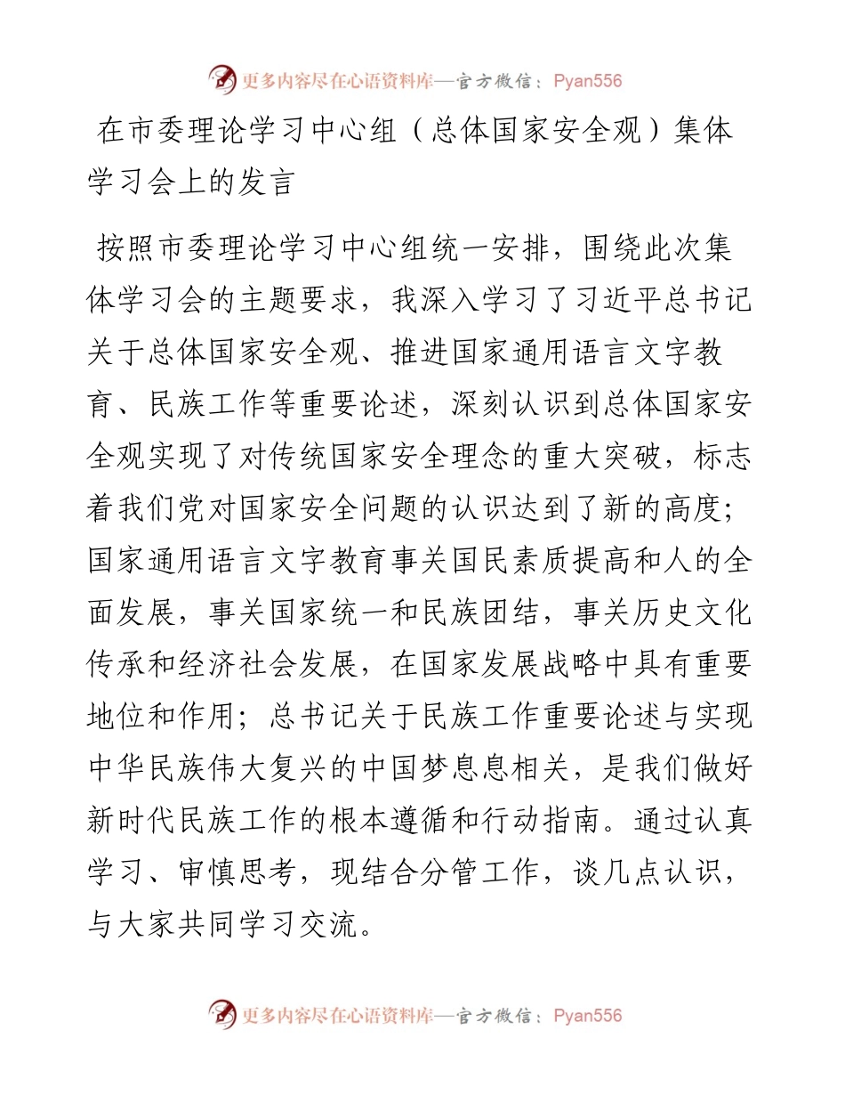 在市委理论学习中心组（总体国家安全观）集体学习会上的发言.docx_第1页