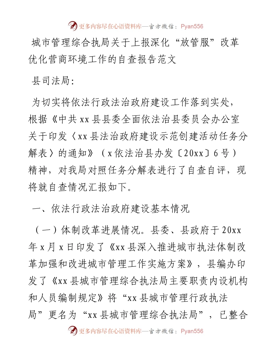 城市管理综合执局深化放管服改革优化营商环境工作自查报告.docx_第1页
