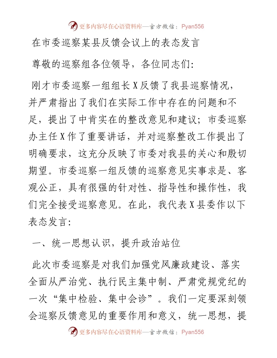 在市委巡察某县反馈会议上的表态发言.docx_第1页