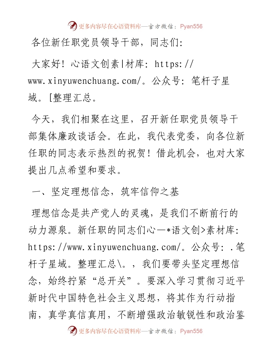 在新任职党员领导干部集体廉政谈话会上的讲话：筑牢廉政基石，共绘清廉新篇 (2).docx_第1页