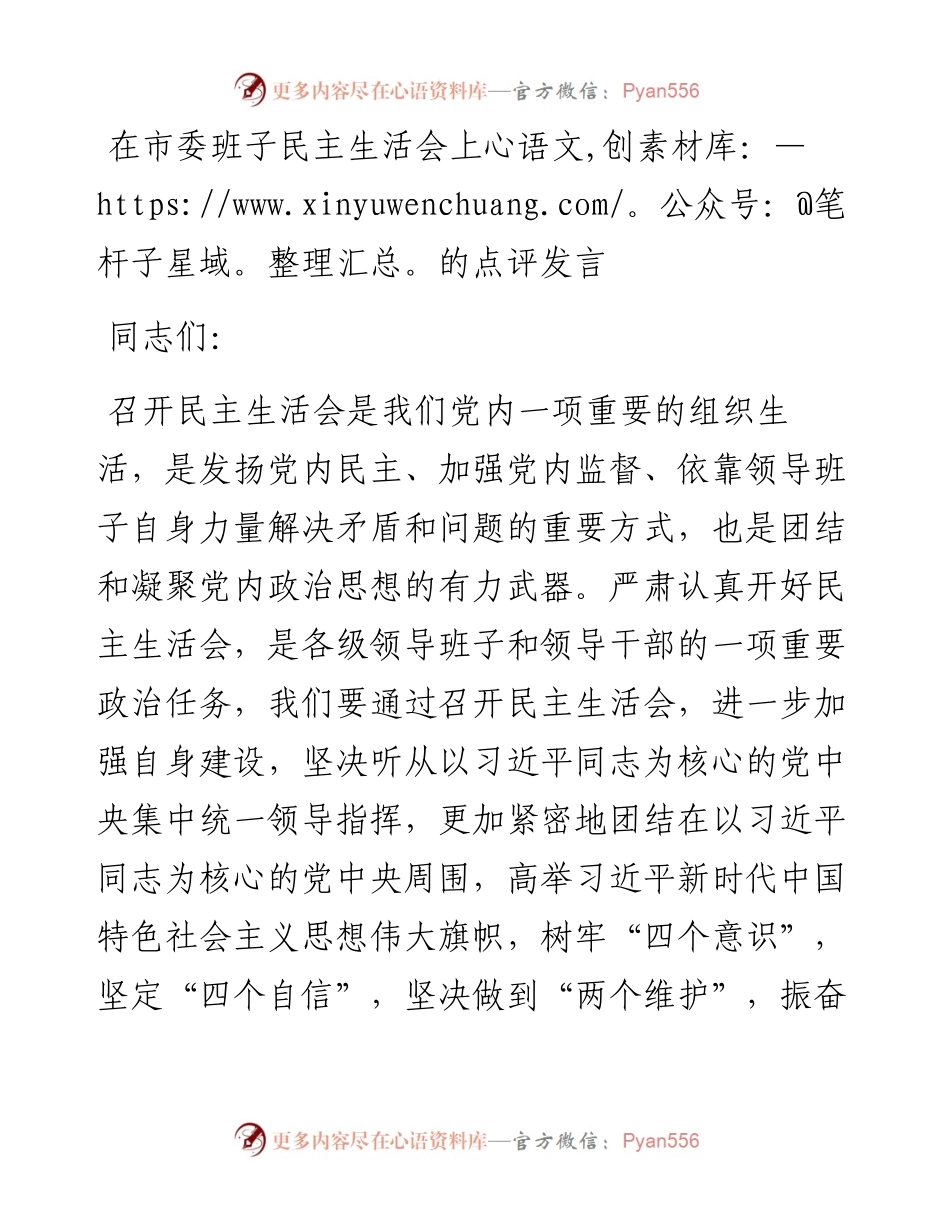 在市委班子民主生活会上的点评发言.docx_第1页