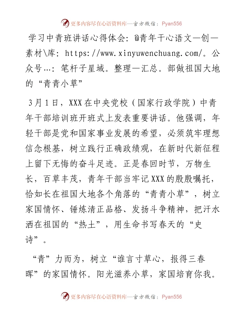 学习中青班讲话心得体会：@青年干部做祖国大地的“青青小草”.docx_第1页
