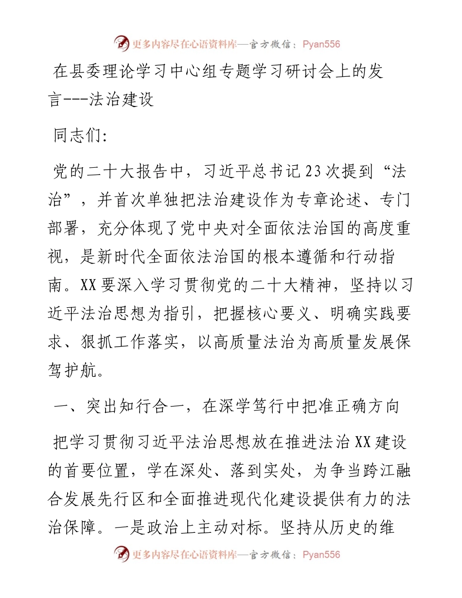在县委理论学习中心组专题学习研讨会上的发言---法治建设.docx_第1页