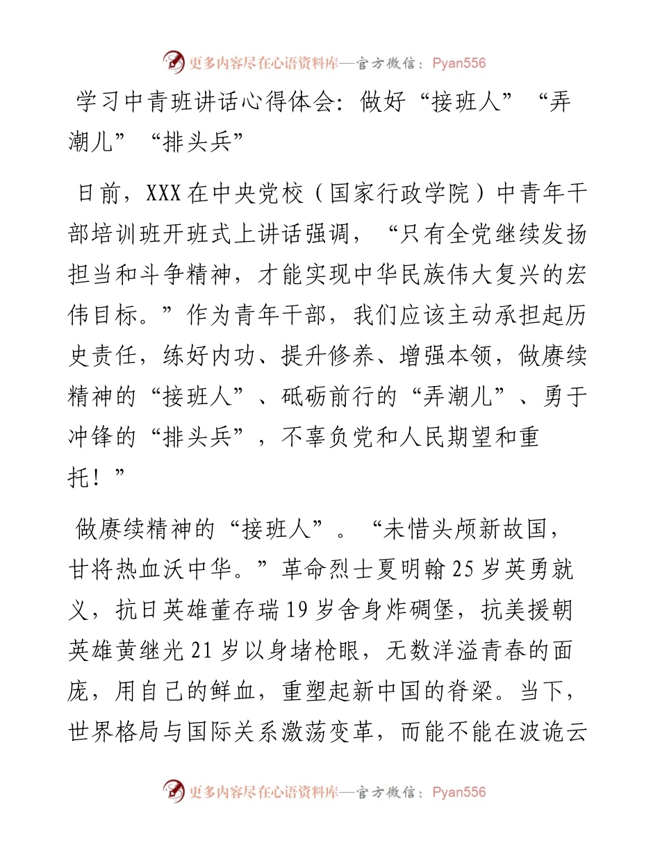学习中青班讲话心得体会：做好“接班人”“弄潮儿”“排头兵”.docx_第1页