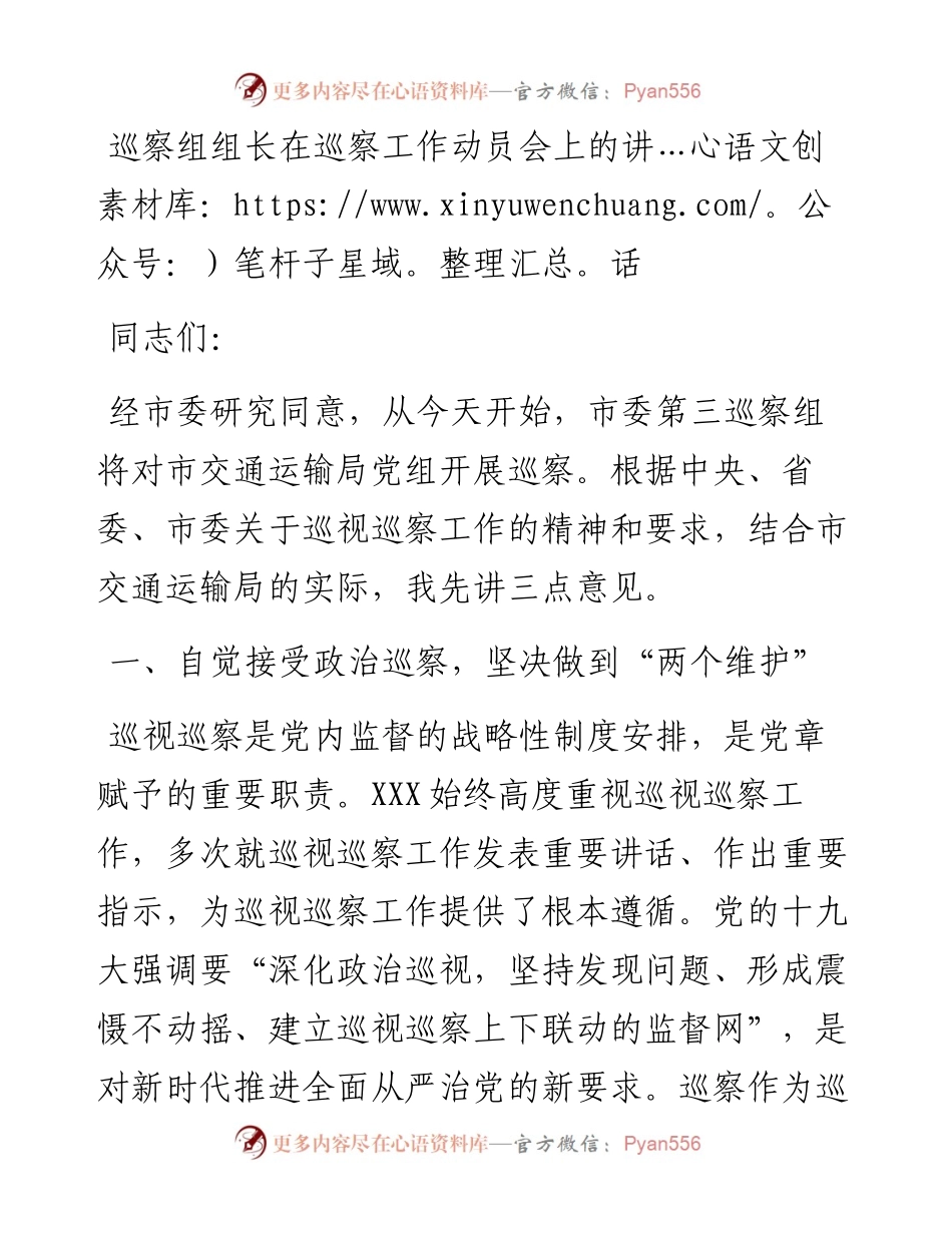 巡察组组长在巡察工作动员会上的讲话.docx_第1页
