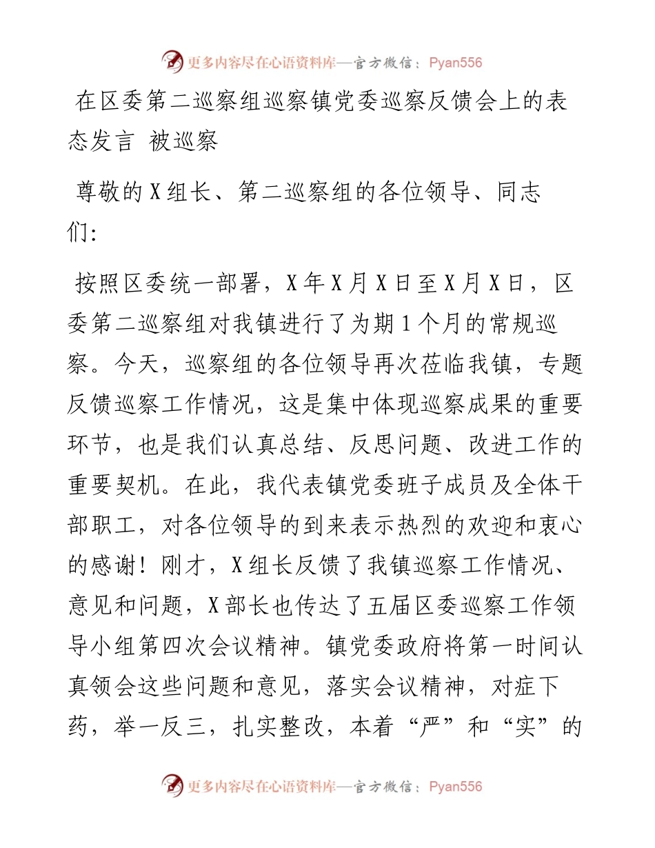 在区委第二巡察组巡察镇党委巡察反馈会上的表态发言---被巡察.docx_第1页