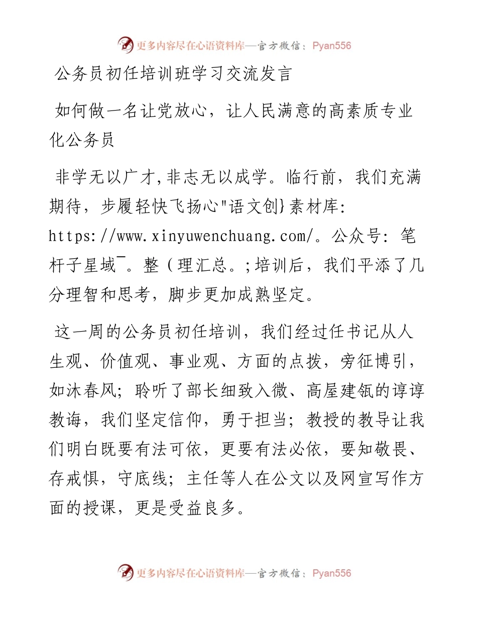 如何做一名让党放心，让人民满意的高素质专业化公务员---公务员初任培训班学习交流发言.docx_第1页