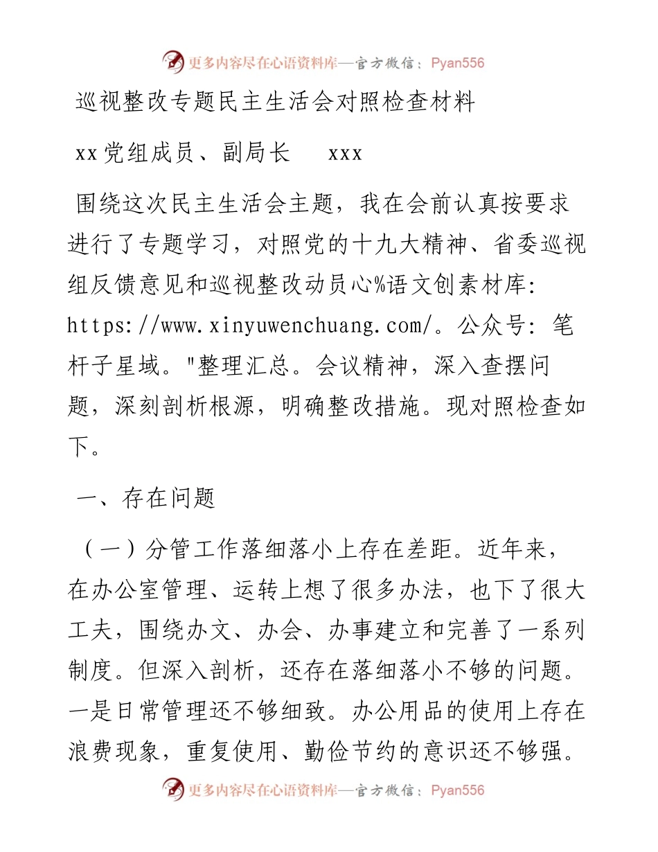 巡视整改专题民主生活会领导班子成员对照检查材料（巡察整改对照检查材料，巡视整改民主生活会班子成员个人对照检查）.docx_第1页