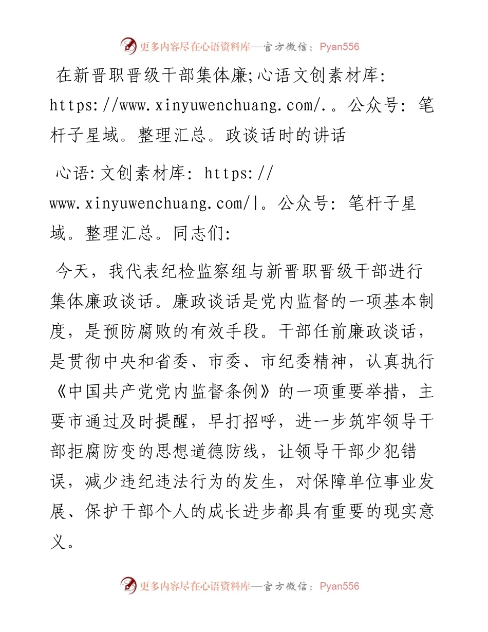 在新晋职晋级干部集体廉政谈话时的讲话.docx_第1页