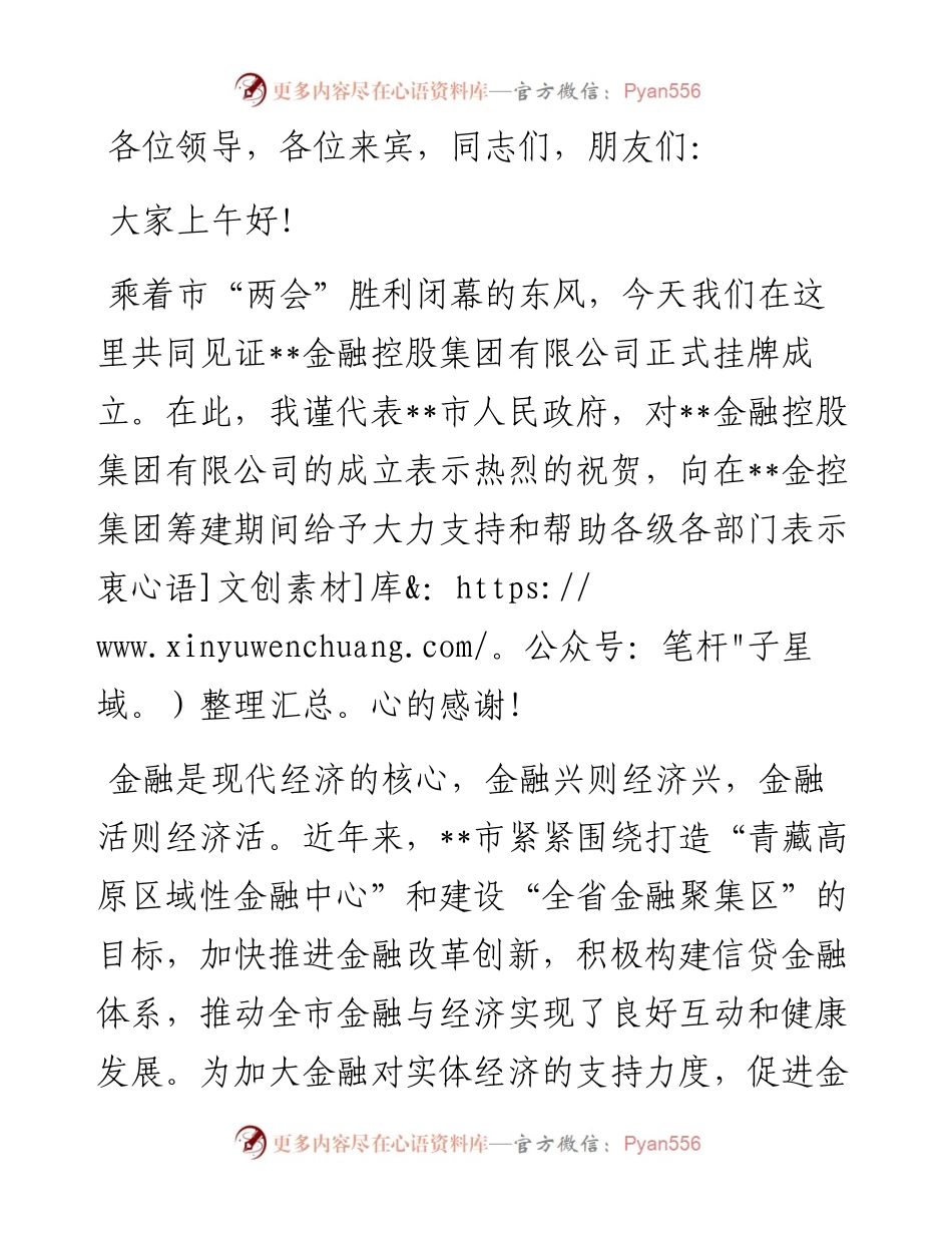 在金融控股集团揭牌仪式上的致辞.docx_第1页
