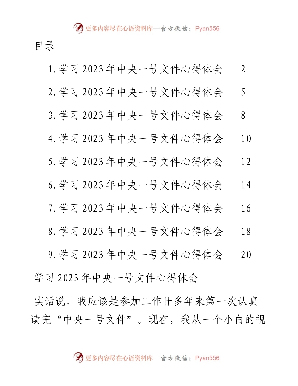 学习2023年中央一号文件心得体会汇编（9篇）.docx_第1页