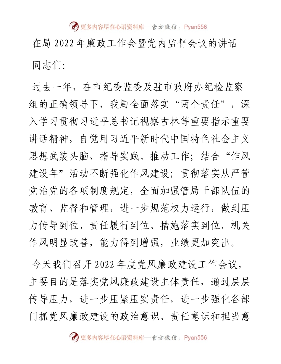 在局廉政工作会暨党内监督会议的讲话.docx_第1页