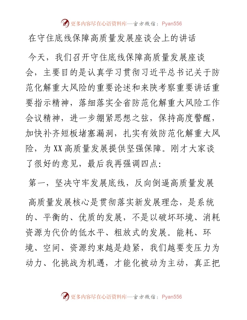 在守住底线保障高质量发展座谈会上的讲话.docx_第1页