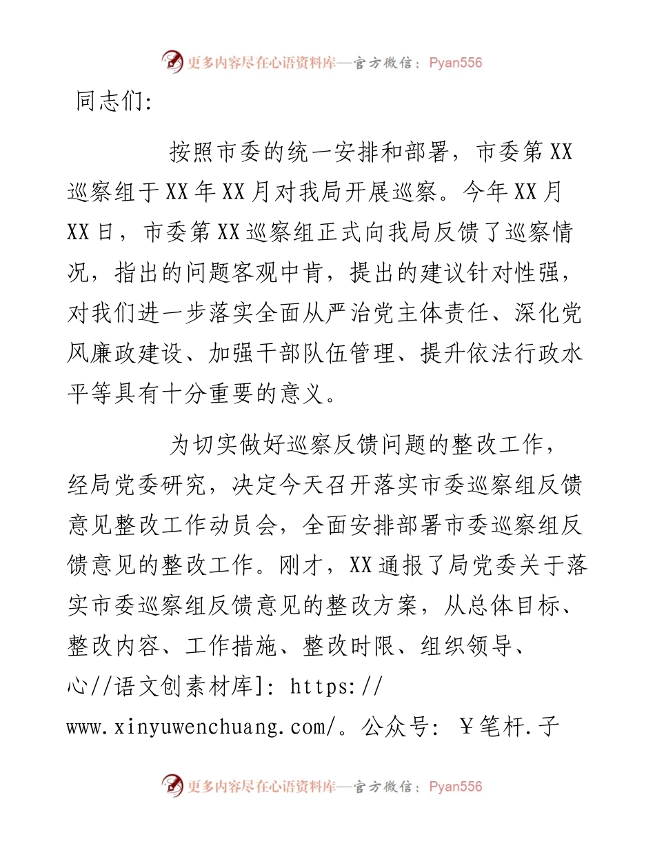 在落实市委巡察组反馈意见整改工作动员会上的讲话.docx_第1页
