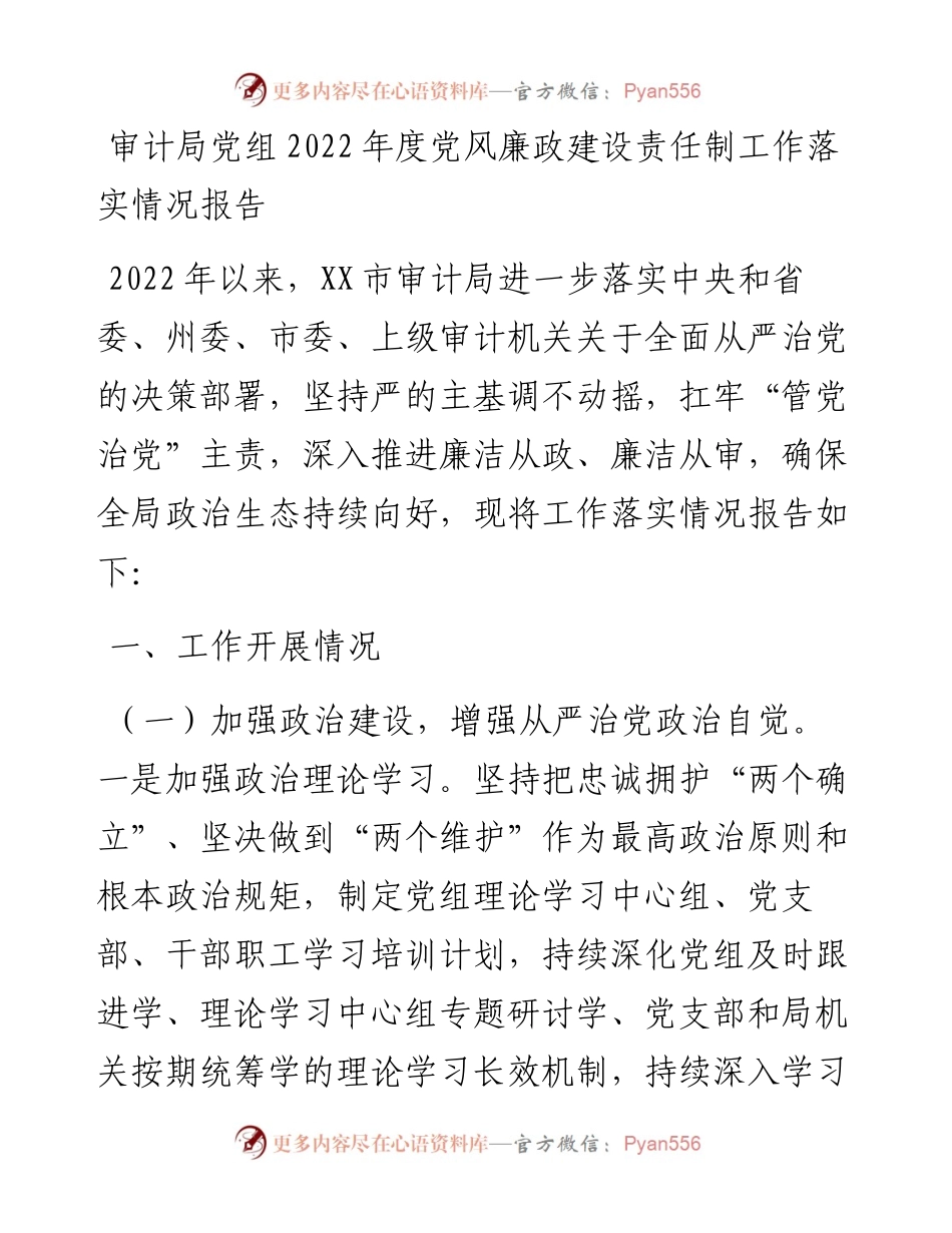 审计局党组度党风廉政建设责任制工作落实情况报告.docx_第1页