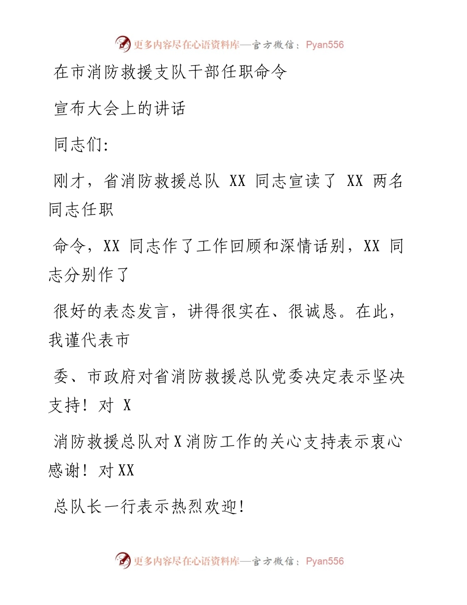 在市消防救援支队干部任职命令宣布大会上的讲话.docx_第1页