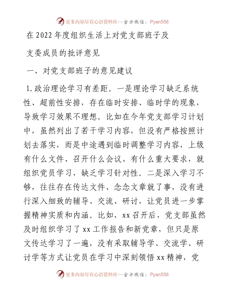 在度组织生活上对党支部班子及支委成员的批评意见.docx_第1页