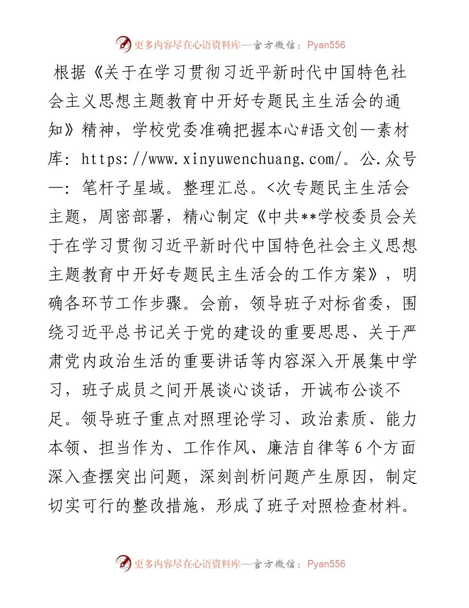 学校2023年主题教育专题民主生活会领导班子对照检查材料.docx_第1页