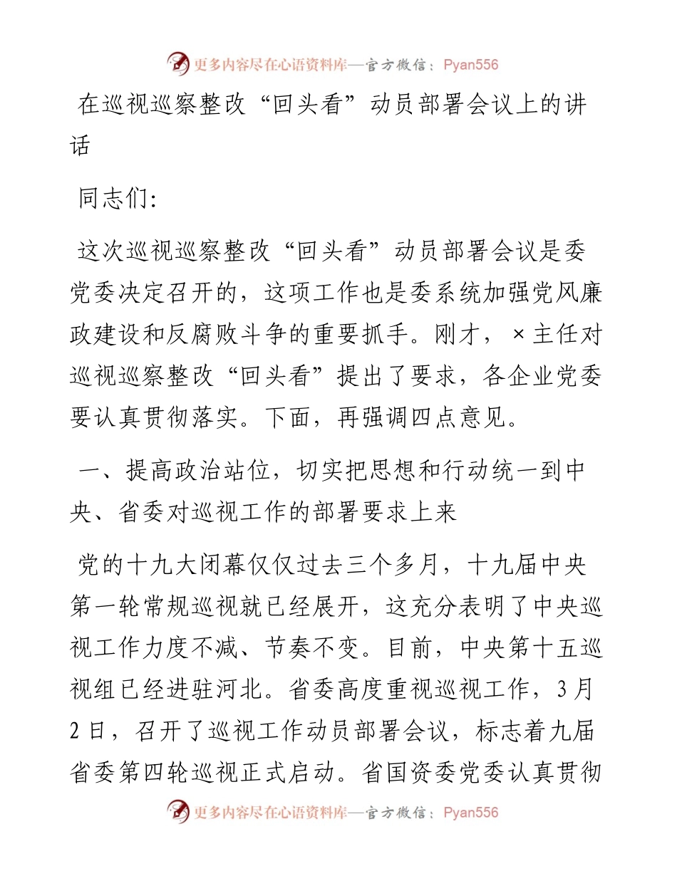 在巡视巡察整改“回头看”动员部署会议上的讲话.docx_第1页