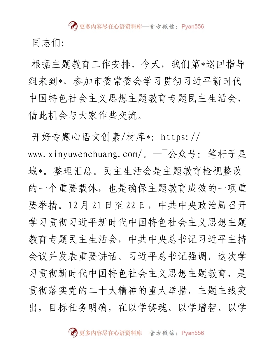 在市委常委会2023年度主题教育专题民主生活会上的点评讲话.docx_第1页