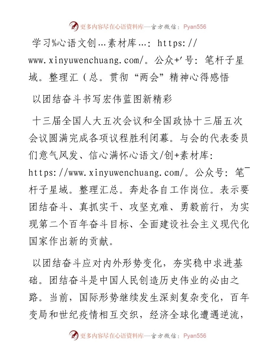 学习贯彻“两会”精神心得感悟：以团结奋斗书写宏伟蓝图新精彩.docx_第1页