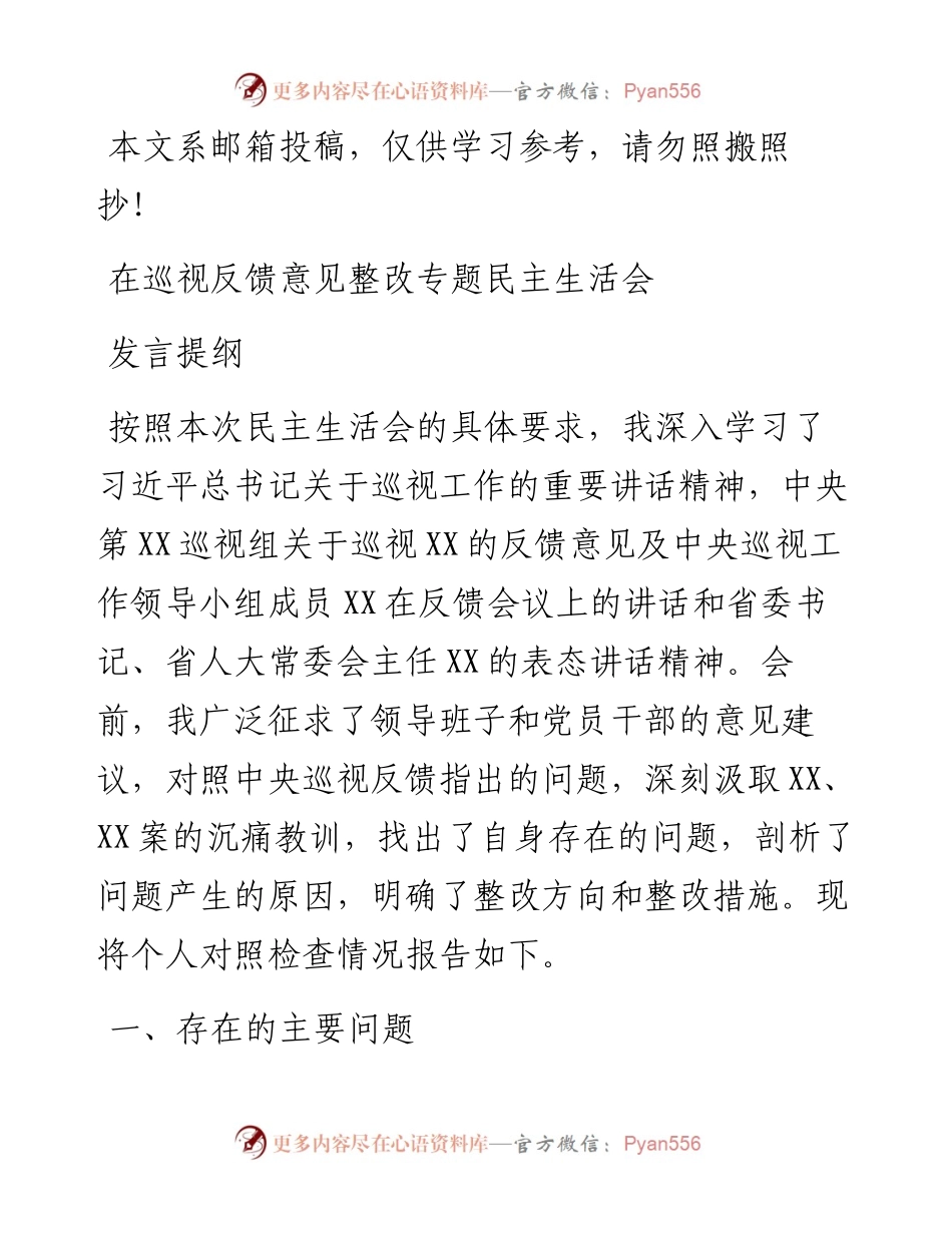 巡视整改专题民主生活会发言材料范文2篇.docx_第1页