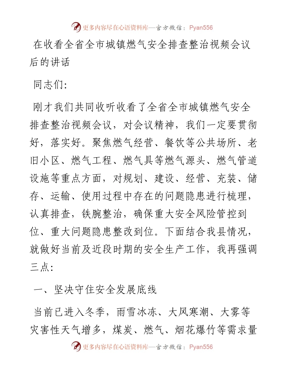 在收看全省全市城镇燃气安全排查整治视频会议后的讲话.docx_第1页