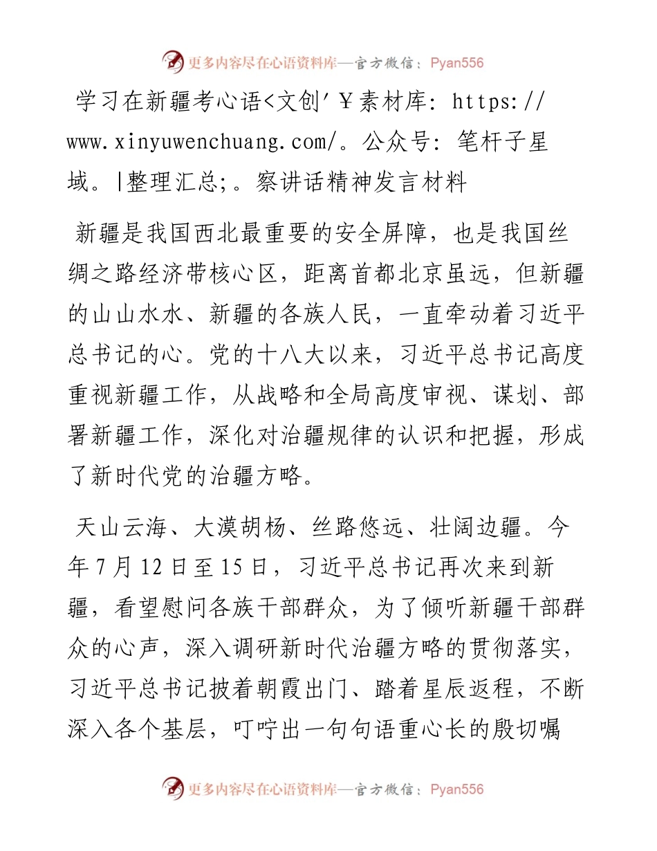 学习在新疆考察讲话精神发言材料.docx_第1页