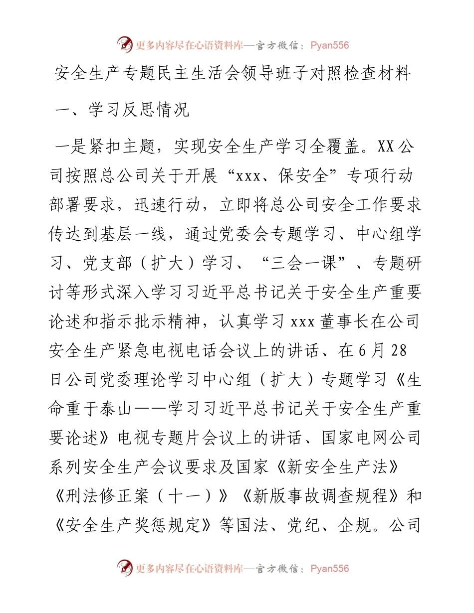安全生产专题民主生活会领导班子对照检查材料（公司）.docx_第1页