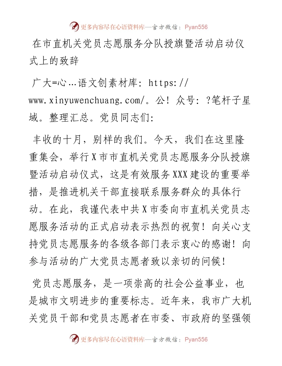 在市直机关党员志愿服务分队授旗暨活动启动仪式上的致辞.docx_第1页