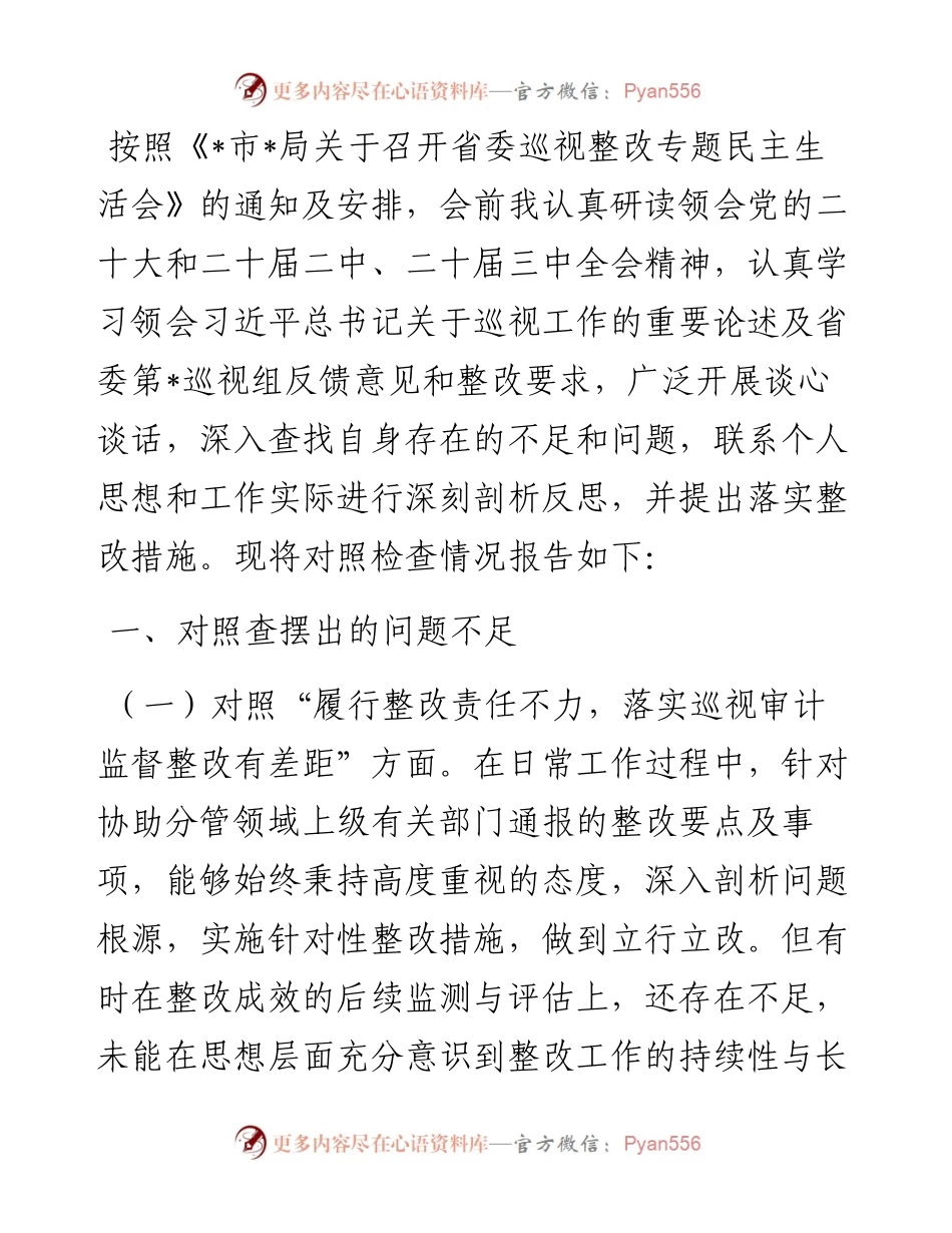 巡视整改民主生活会个人对照检查材料.docx_第1页