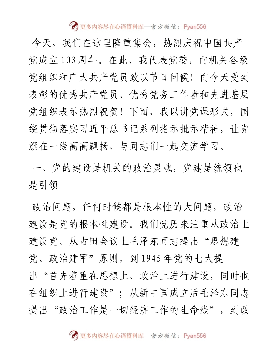在庆祝中国共产党成立103周年大会上的党课讲稿.docx_第1页