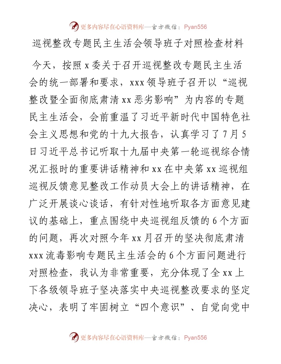 巡视整改专题民主生活会领导班子对照检查材料.docx_第1页