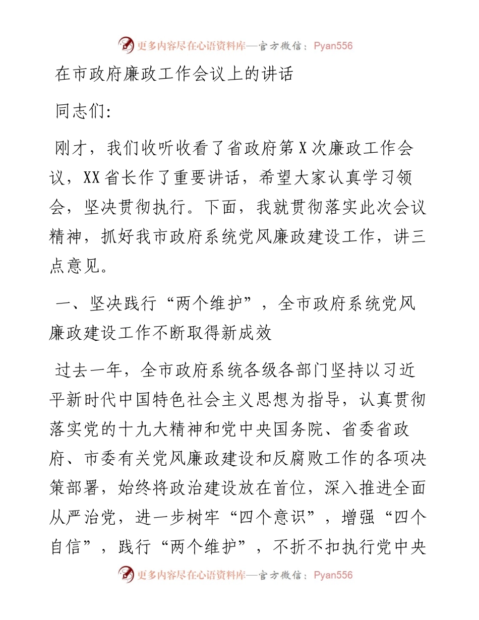 在市政府廉政工作会议上的讲话.docx_第1页