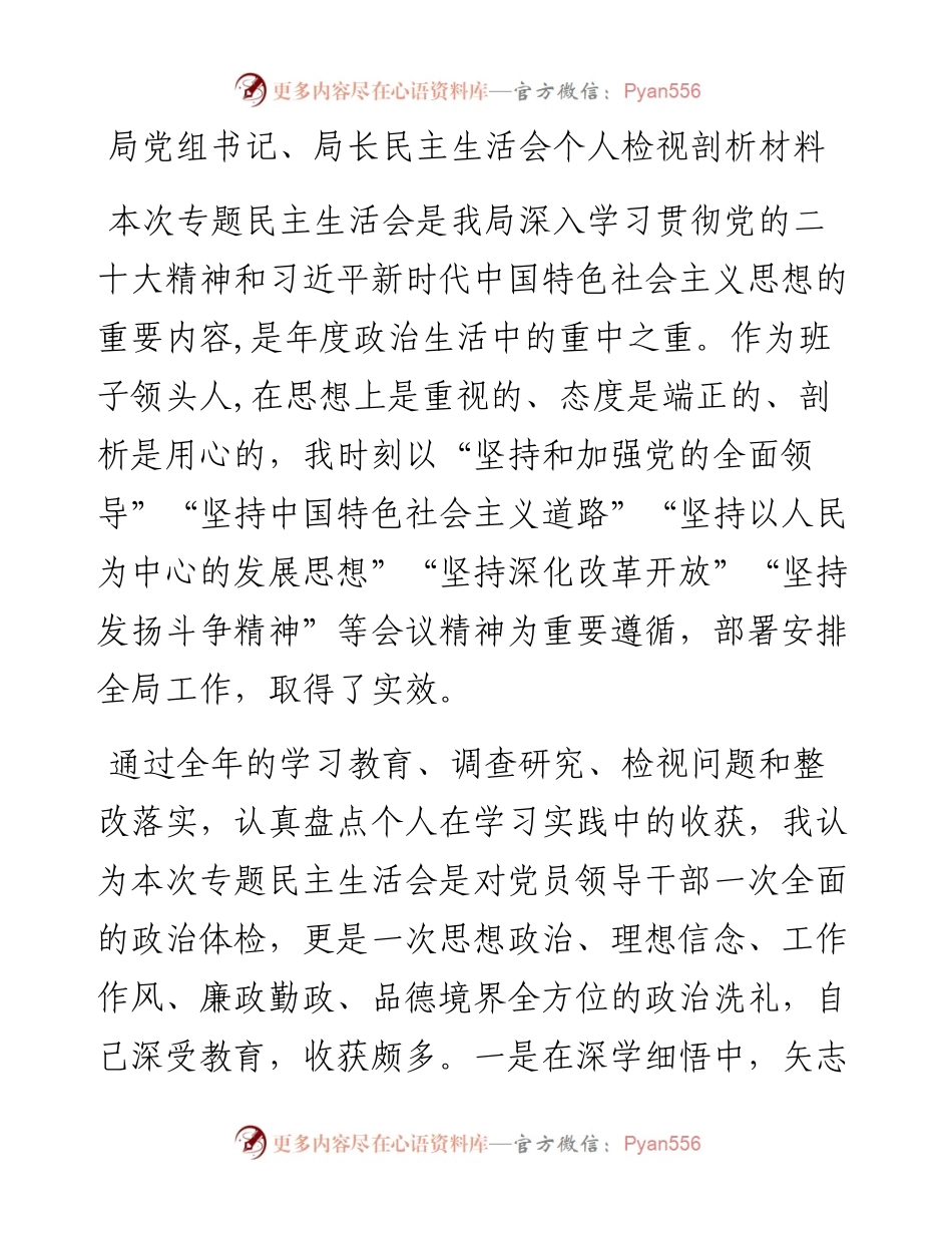局党组书记、局长民主生活会个人检视剖析材料.docx_第1页