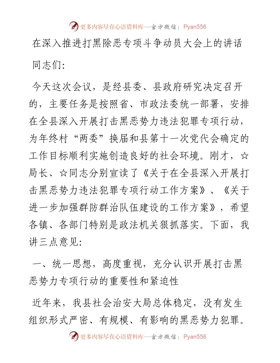 在深入推进打黑除恶专项斗争动员大会上的讲话.docx_第1页