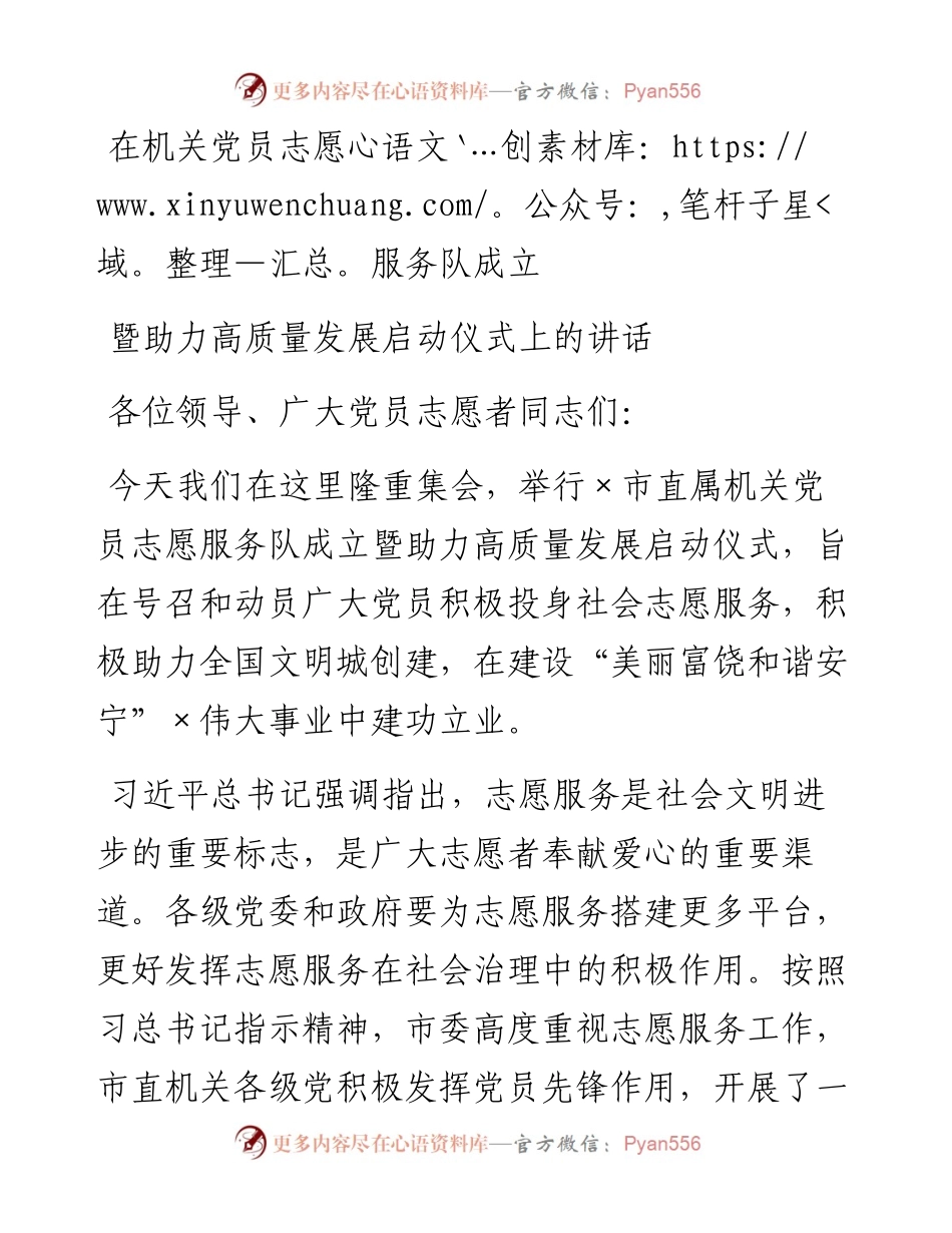 在机关党员志愿服务队成立暨助力高质量发展启动仪式上的讲话.docx_第1页