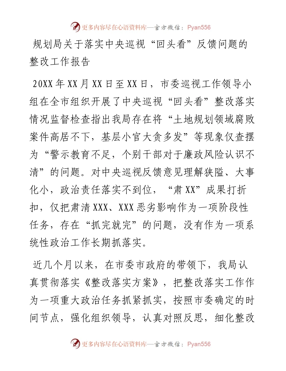 巡视“回头看”反馈问题的整改工作报告（规划）.docx_第1页