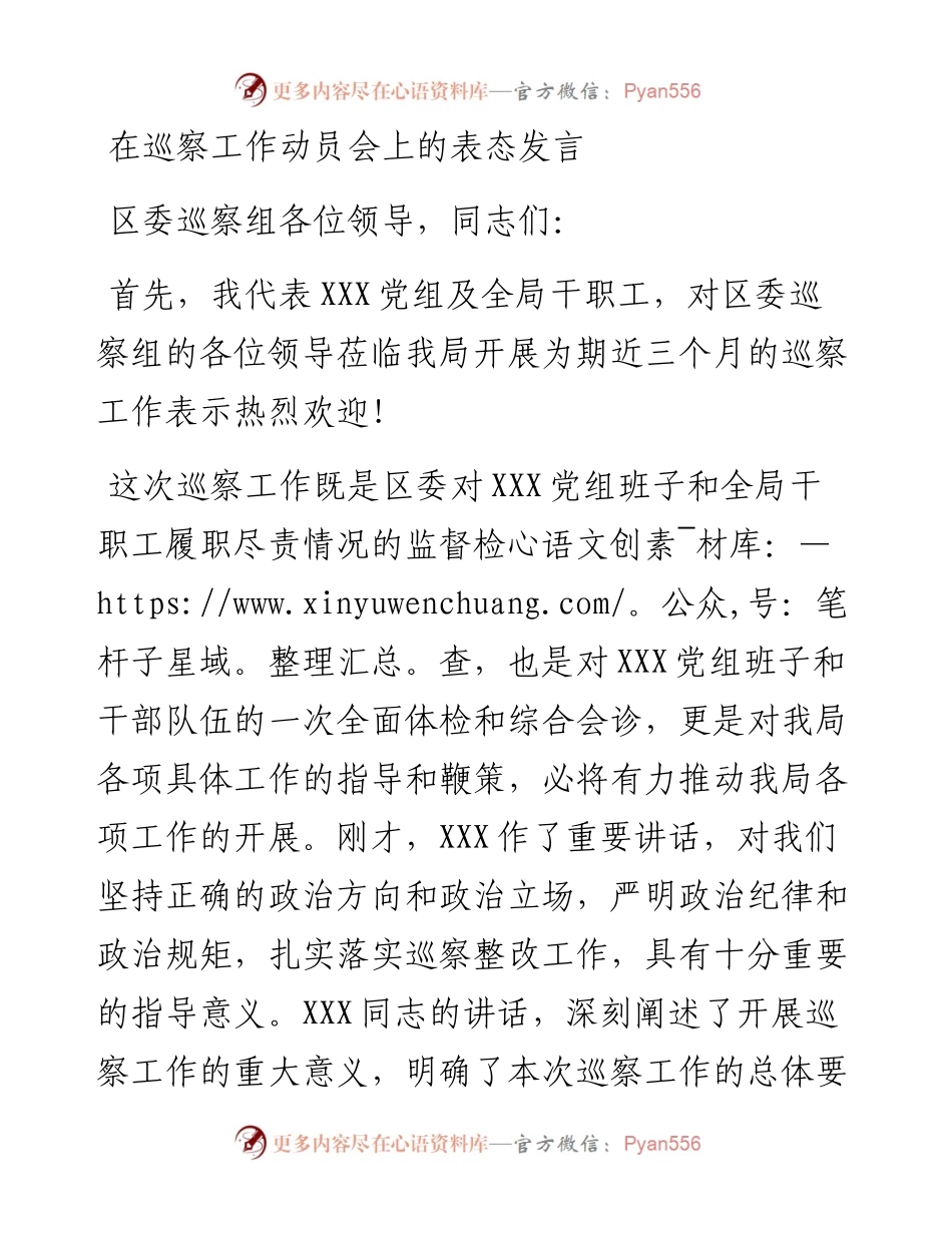在巡察工作动员会上的表态发言.docx_第1页