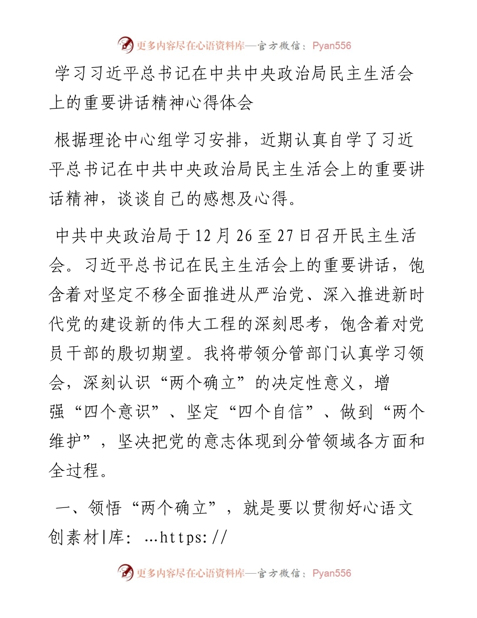学习总书记在中共中央政治局民主生活会上的重要讲话精神心得体会.docx_第1页