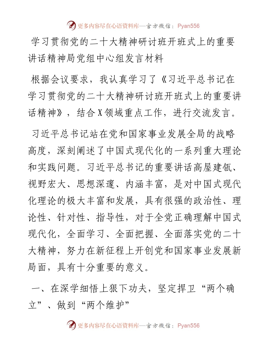 学习贯彻党的二十大精神研讨班开班式上的重要讲话精神局党组中心组发言材料.docx_第1页