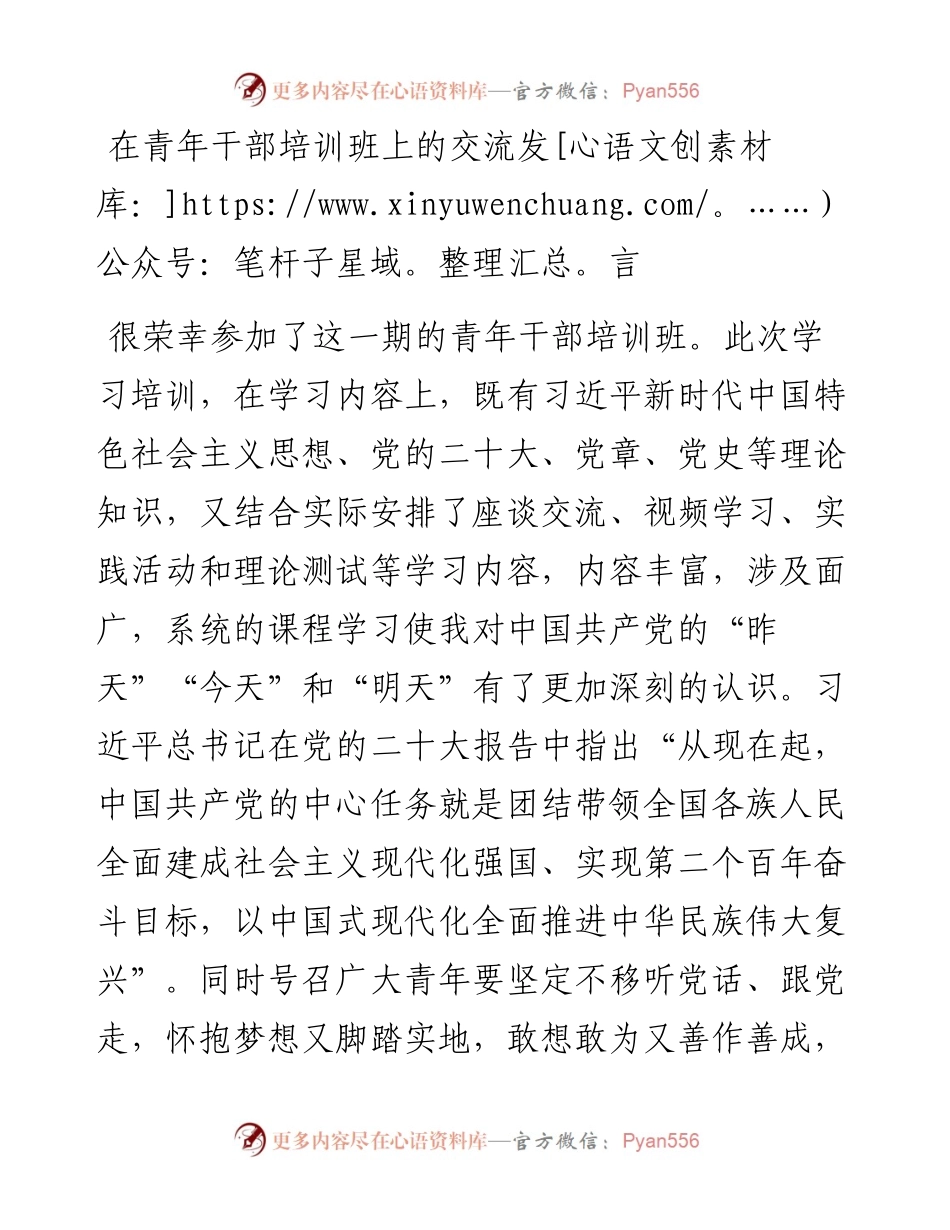 在青年干部培训班上的交流发言.docx_第1页