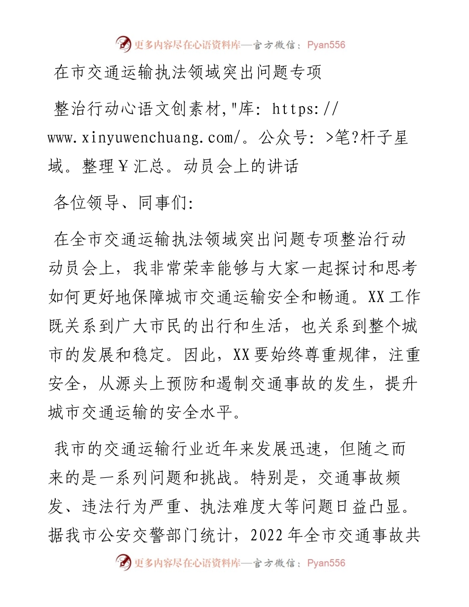 在市交通运输执法领域突出问题专项整治行动动员会上的讲话.docx_第1页