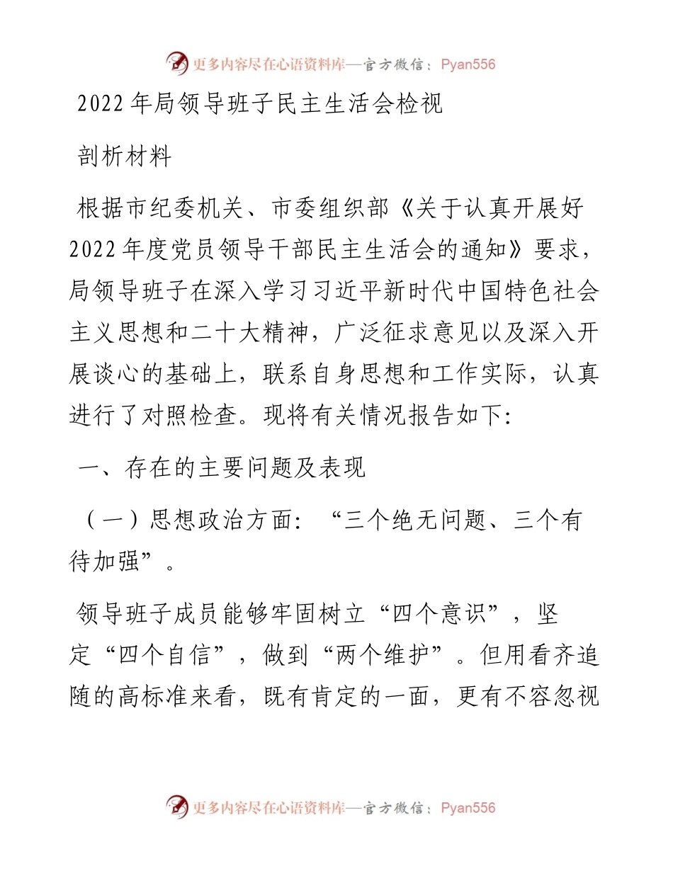 局领导班子民主生活会检视剖析材料.docx_第1页