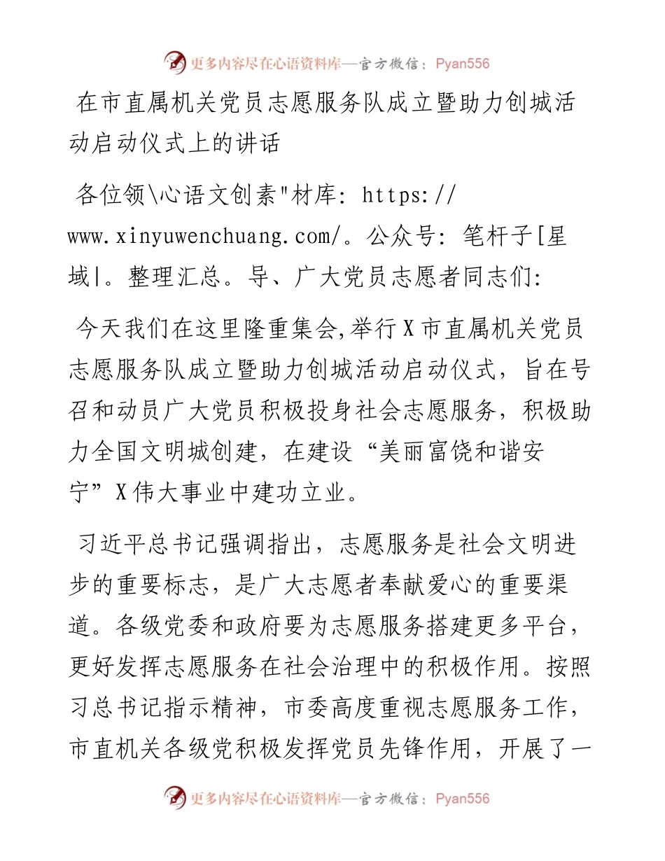 在市直属机关党员志愿服务队成立暨助力创城活动启动仪式上的讲话.docx_第1页